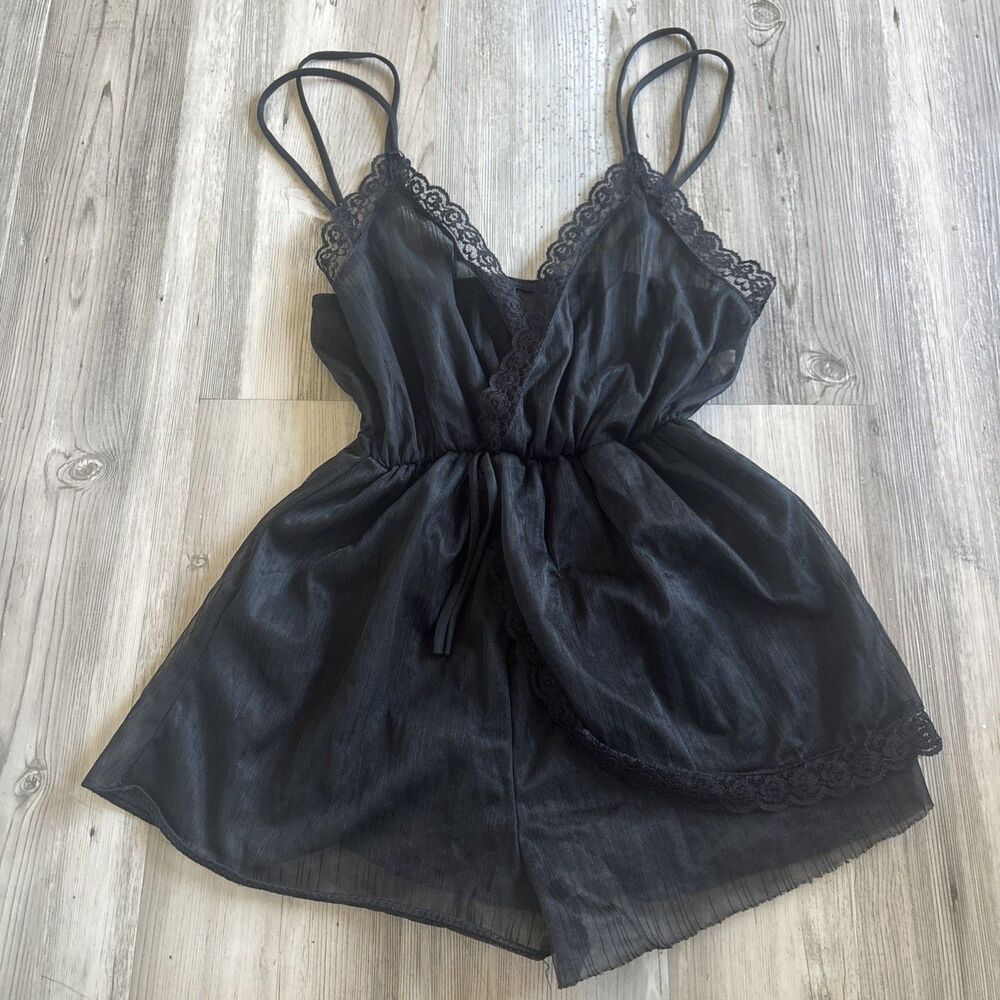 Vintage Spotlight Made In USA Black Lace Sheer Nightie Romper Size Medium